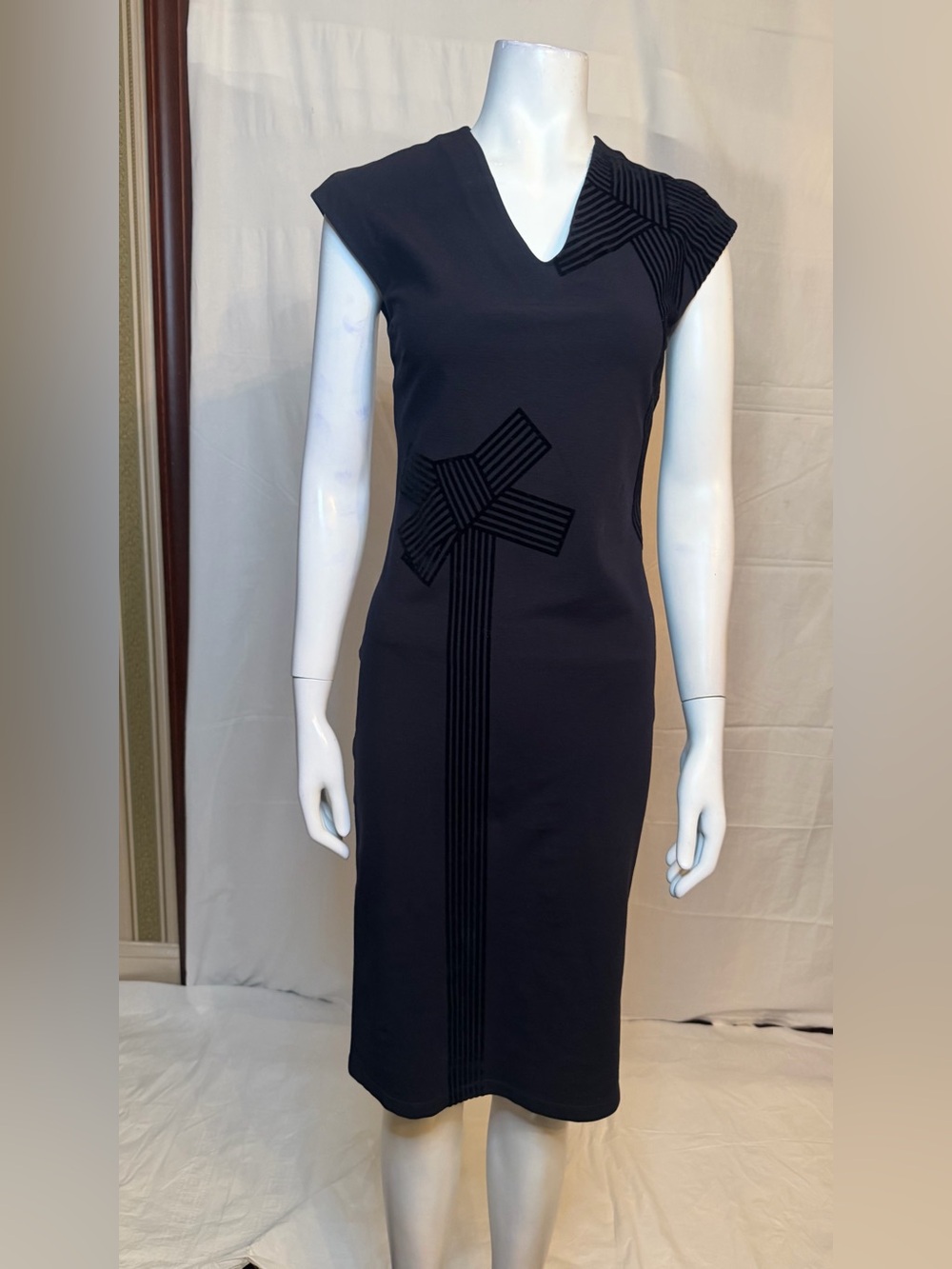 Stella McCartney Black V-Neck Midi Dress with Ribbon Stripe Accents